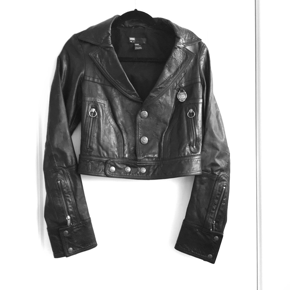 Diesel cropped heavy leather jacket black medium